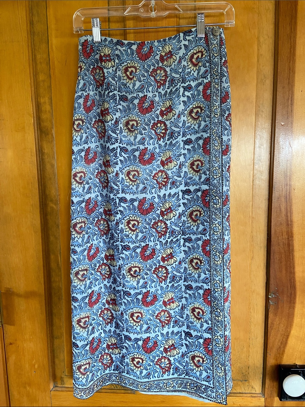 J. Jill Light Blue Silk Maxi Skirt with Red and Cream Floral Print